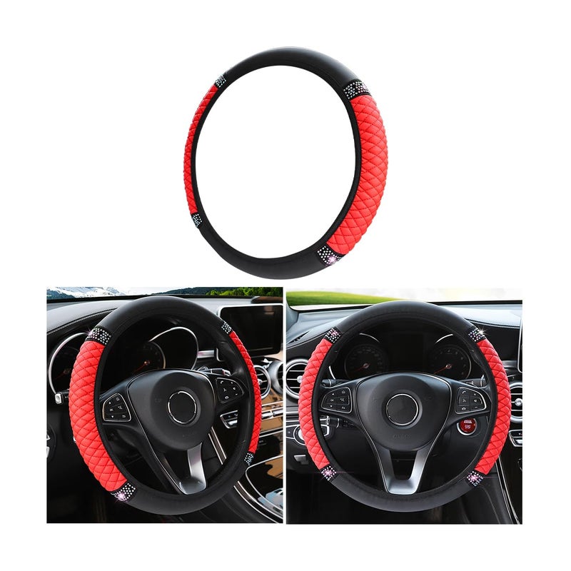 Bling Soft Leather Steering Wheel Cover, 15 Inch Colorful Rhinestones Auto Elastic Steering Wheel Protector, Sparkly Crystal Diamond for Women Girls, Car Accessories for Most Cars (Red)
