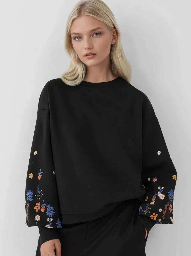 HICCUP Printed Long Sleeve Crew Neck Sweatshirt