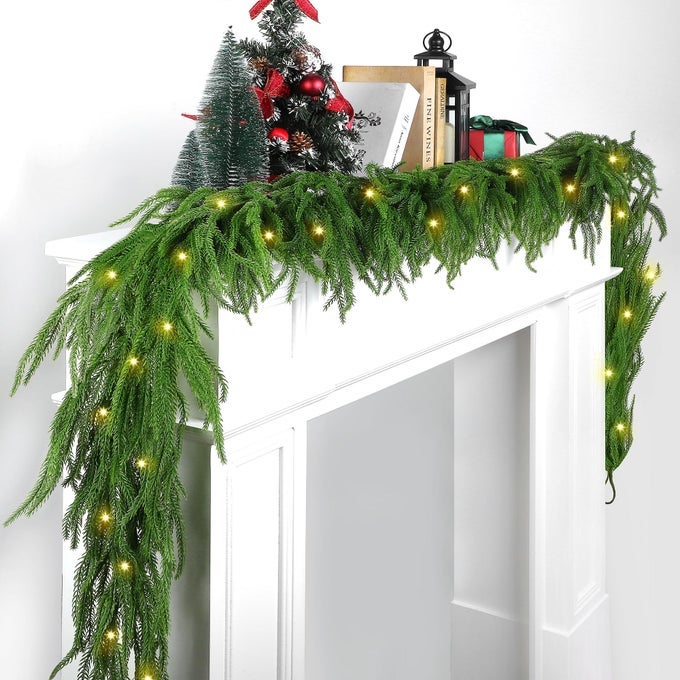 1 PACK 12 FEET CHRISTMAS NORFOLK GARLANDS SET GREEN ARTIFICIAL WINTER PINE GARLANDS LIGHT STRING FAUX GREENERY GARLAND PINE GARLAND FOR XMAS HOLIDAY HOME INDOOR DECOR GREEN