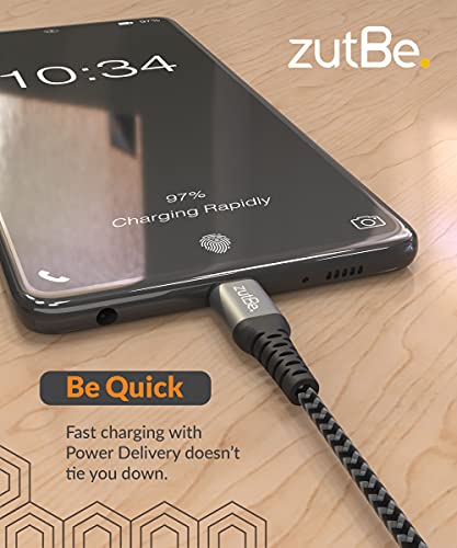 zutBe Shield USB-C to USB-C Braided Cable with Kevlar, 60W Cable with PD for iPhone 17 16 15 Pro and ProMax iPad Pro/iPad Air 4 iPad mini 6 Samsung, Google Phones and More (10ft Silver & Black) - Image 3
