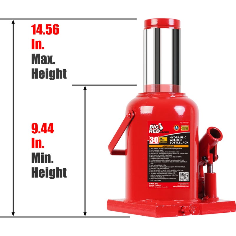BIG RED T93007 Torin Hydraulic Stubby Low Profile Welded Bottle Jack, 30 Ton (60,000 lb) Capacity, Red - Image 2