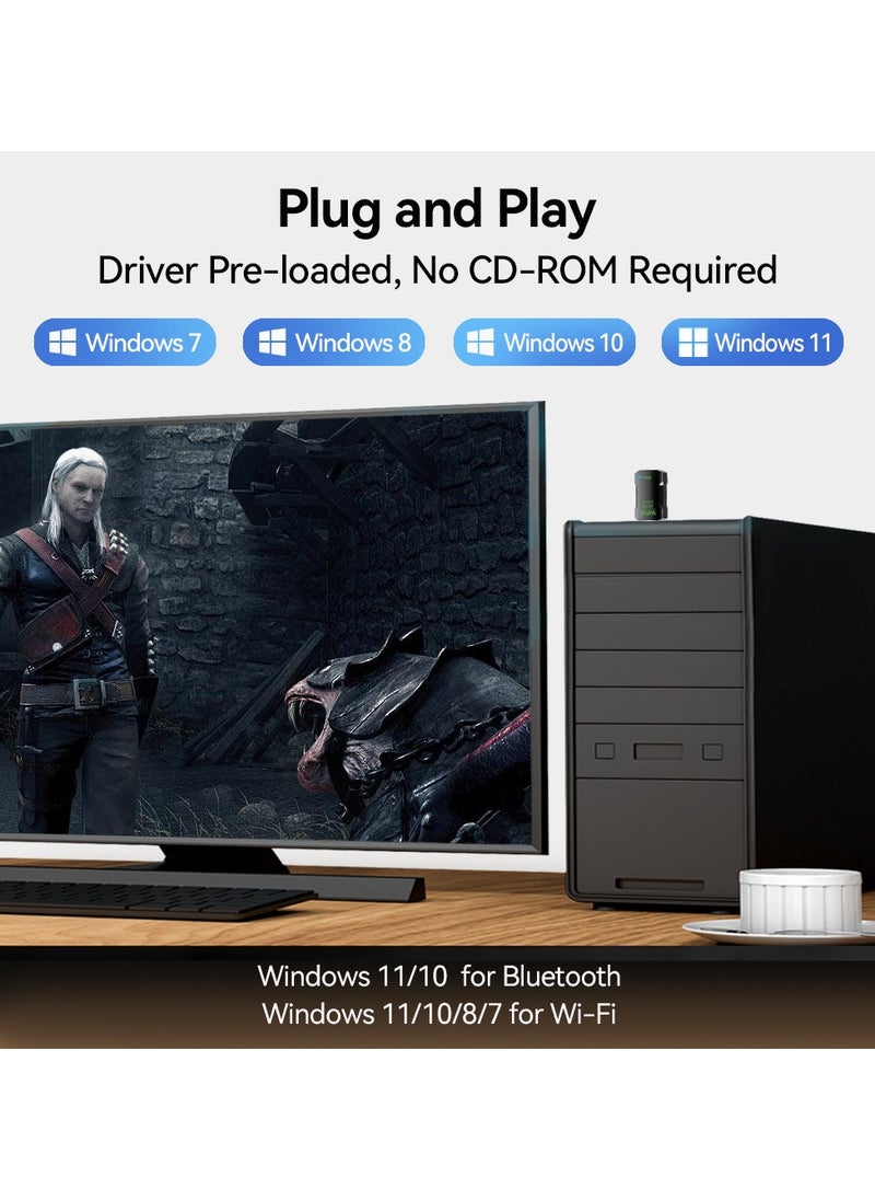 USB WiFi Bluetooth Adapter, 900Mbps Dual Band 2.4/5Ghz Wireless Network External Receiver- No Driver Needed, Mini WiFi Dongle for PC/Laptop/Desktop, Support Windows 11/10/8/7/Vista/XP