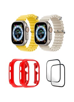 Silicone Ocean Band Strap for Apple Watch Ultra 8 49mm Yellow/Pearl White , Case Compatible with Apple Watch Ultra 49mm Red/Red , 2* pcs Watch glass Set of 6