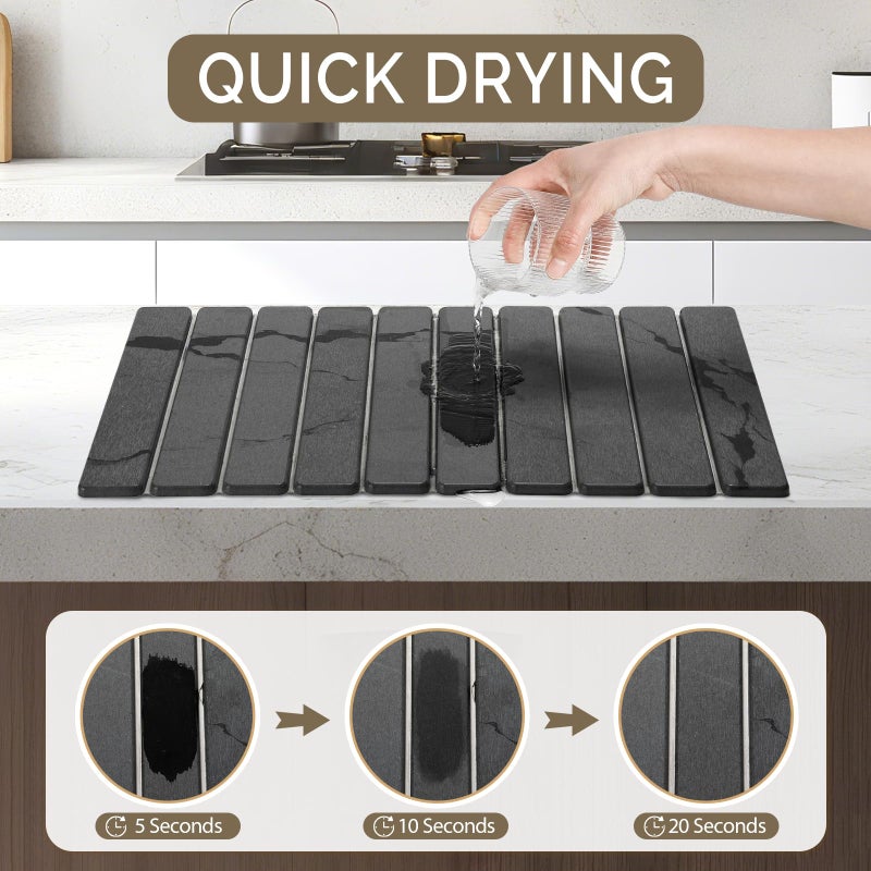 Bornerwhite Large Stone Dish Drying Mat for Kitchen Counter, 2PCS Quick Dry Stone Dishes Mat,Foldable Water Absorbing Diatomaceous Drying Organizer Pad for Plates Rack Bottles Utensils(Dark Gray 24"Ã—16" & 8"x4") - Image 3