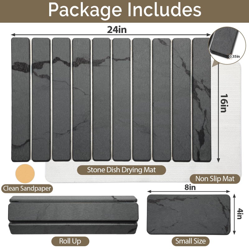 Bornerwhite Large Stone Dish Drying Mat for Kitchen Counter, 2PCS Quick Dry Stone Dishes Mat,Foldable Water Absorbing Diatomaceous Drying Organizer Pad for Plates Rack Bottles Utensils(Dark Gray 24"Ã—16" & 8"x4") - Image 2