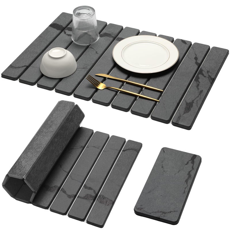 Bornerwhite Large Stone Dish Drying Mat for Kitchen Counter, 2PCS Quick Dry Stone Dishes Mat,Foldable Water Absorbing Diatomaceous Drying Organizer Pad for Plates Rack Bottles Utensils(Dark Gray 24"Ã—16" & 8"x4") - Image 1