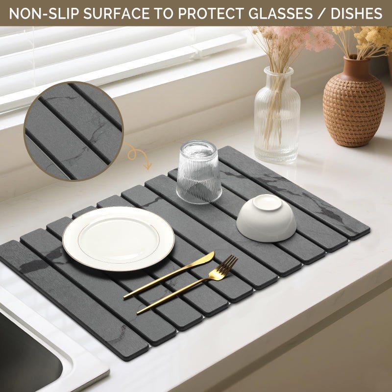 Bornerwhite Large Stone Dish Drying Mat for Kitchen Counter, 2PCS Quick Dry Stone Dishes Mat,Foldable Water Absorbing Diatomaceous Drying Organizer Pad for Plates Rack Bottles Utensils(Dark Gray 24"Ã—16" & 8"x4") - Image 4