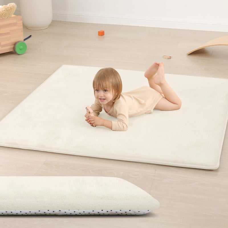Huloo Sleep Baby Play Mat for Floor,1.3" Thick Elasti-Foam 50"Ã—50" Playpen Mat for Tummy Time,Water Repellent Soft Coral Velvet for Toddler,Infant,Kids,Non-Slip Backing Safe for Crawling(Cream) - Image 1