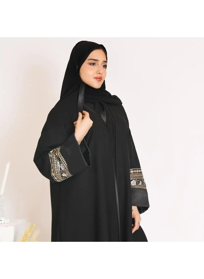 عبايات حوراء عباية لف سوداء بكلفة زاهية على الاكمام الدبل