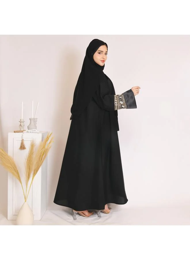 عبايات حوراء عباية لف سوداء بكلفة زاهية على الاكمام الدبل