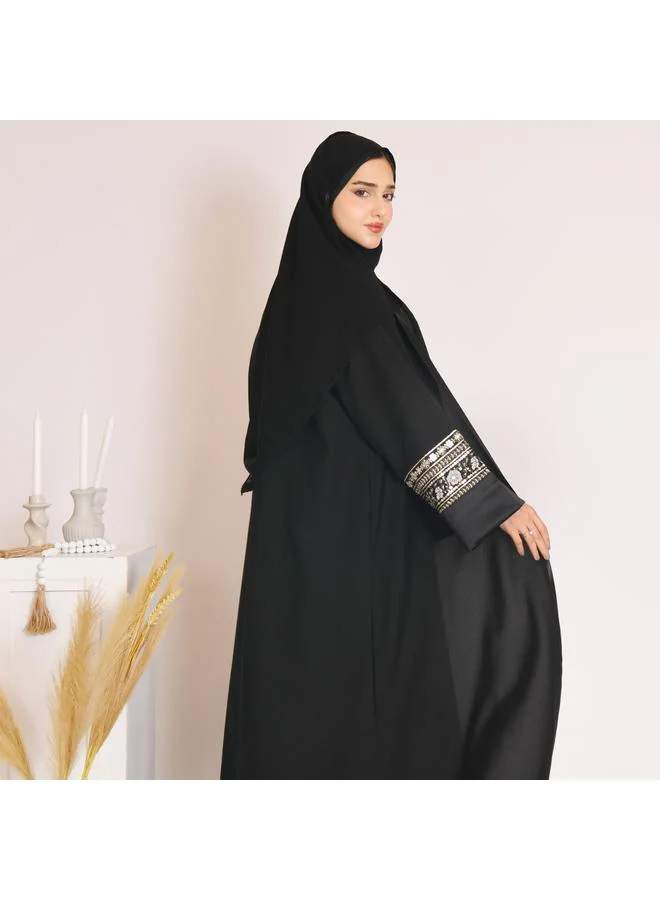 عبايات حوراء عباية لف سوداء بكلفة زاهية على الاكمام الدبل