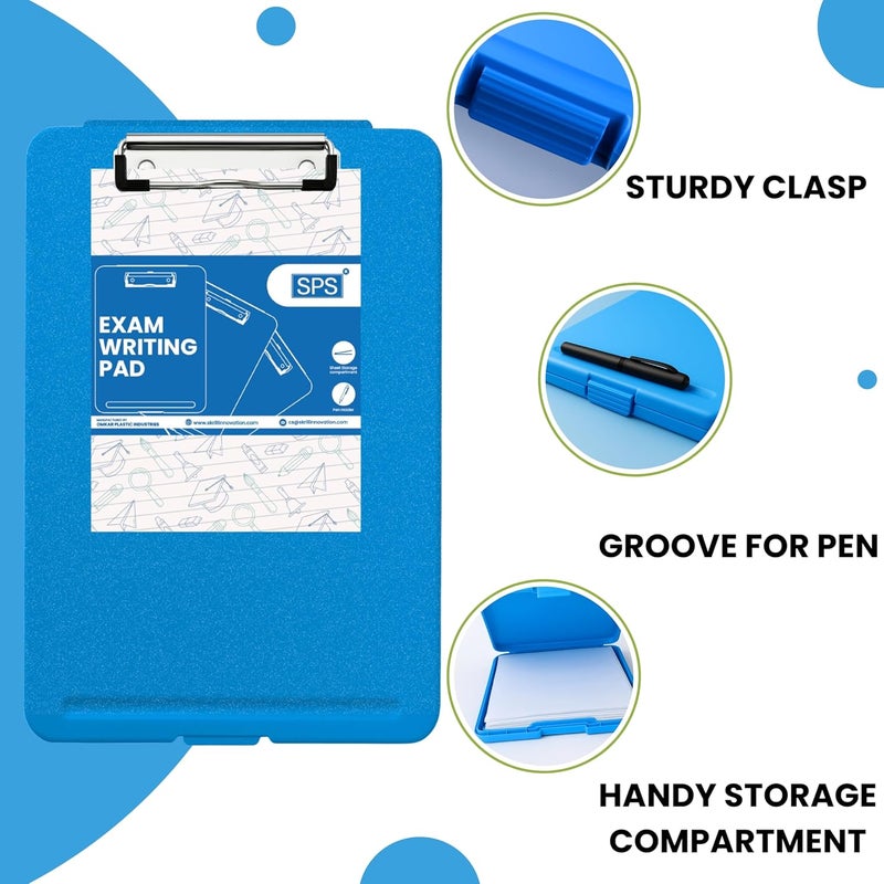 sps Exampad A4 Plastic Clipboard with Built-in Storage and Pen Holder - Ideal for School, Office, Travel - Perfect for Students and Professionals, School and Office - Blue - Image 4