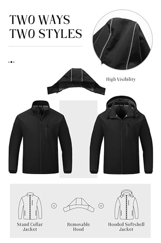 Pursky Softshell Jacket Men Coat Fitted Jogging Running Jackets Men's Lightweight Fleece Lined Hooded Water Resistant Winter Hiking Windbreaker Black L - Image 3