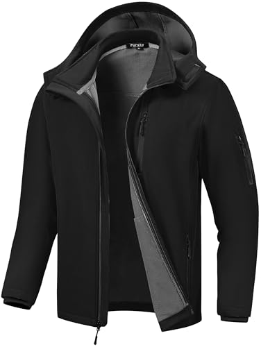 Pursky Softshell Jacket Men Coat Fitted Jogging Running Jackets Men's Lightweight Fleece Lined Hooded Water Resistant Winter Hiking Windbreaker Black L - Image 1