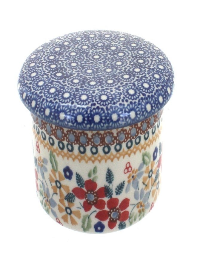Blue Rose Pottery طبق زبدة فرنسي من الخزف البولندي "بلو روز" - مزين بزهرة الأقحوان الحمراء - يتسع لقطعة زبدة واحدة - طبق زبدة لتنظيم وتخزين الزبدة على سطح الطاولة - Image 1