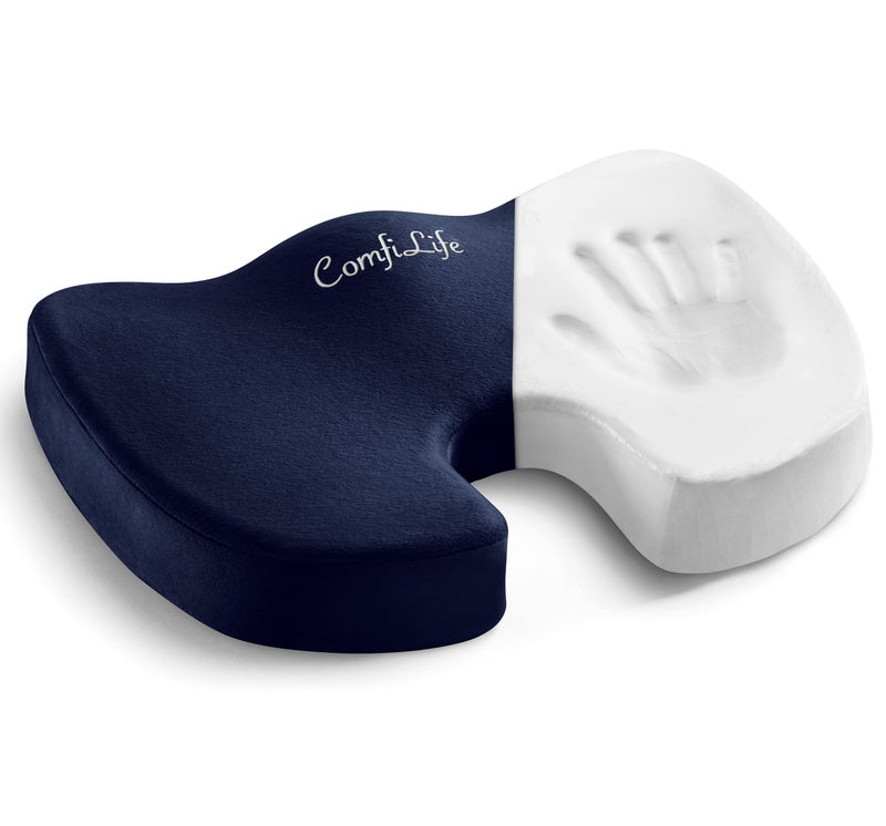 ComfiLife Premium Seat Cushion  100 Memory Foam Office Chair Cushion Back Relief Navy
