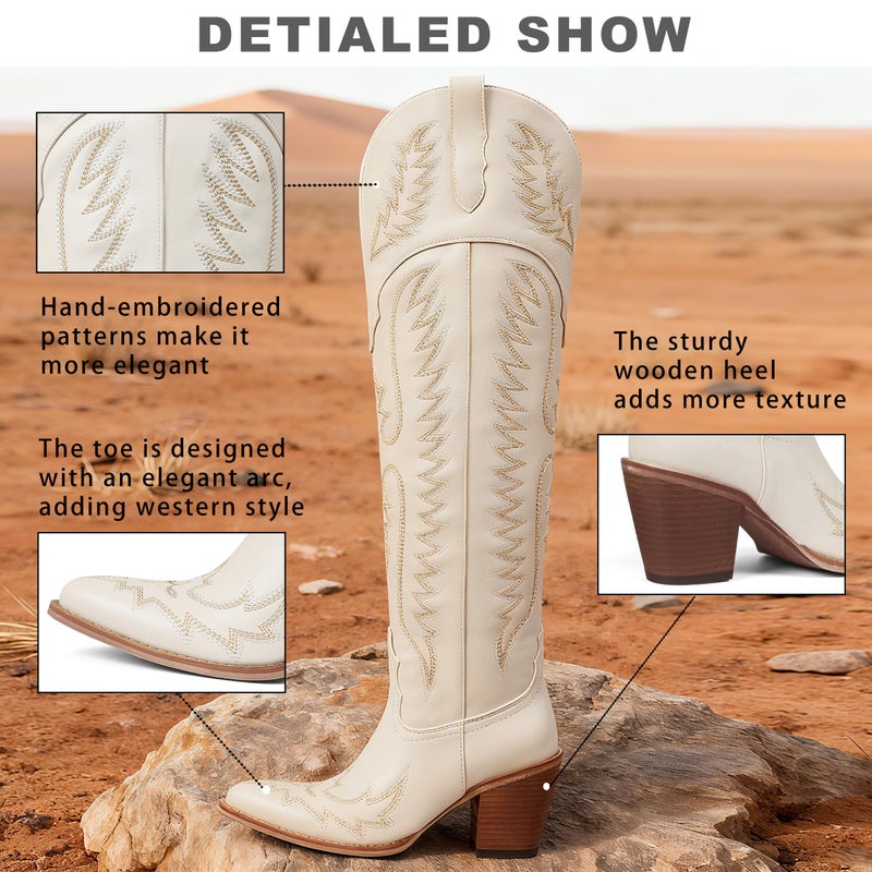 CELNEPHO Cowboy Boots For Women Over The Knee Western Boots With Classic Embroidered Chunky Heel Slip On Zipper Square Toe Fashion Cowgirl Thigh High Boots For Women - Image 4