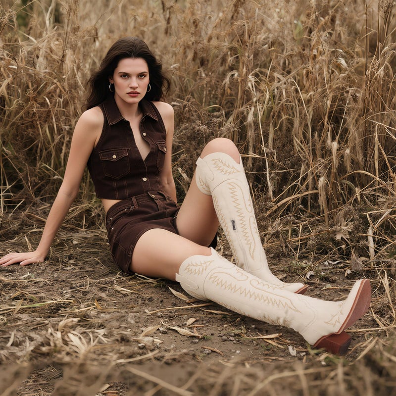CELNEPHO Cowboy Boots For Women Over The Knee Western Boots With Classic Embroidered Chunky Heel Slip On Zipper Square Toe Fashion Cowgirl Thigh High Boots For Women - Image 3