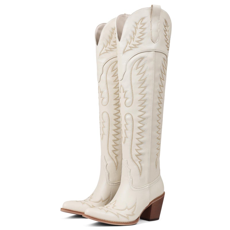 CELNEPHO Cowboy Boots For Women Over The Knee Western Boots With Classic Embroidered Chunky Heel Slip On Zipper Square Toe Fashion Cowgirl Thigh High Boots For Women - Image 1