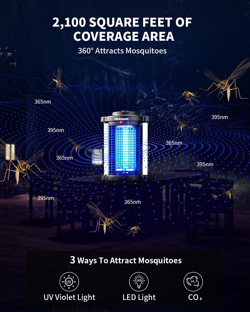 Minimoon Bug Zapper Outdoor, Upgraded Mosquito Zapper with Dual LED Light, 4200V Fly Zapper, 15W Electric Fly Traps Outdoor, IPX4, 8.2Ft Cord, Insect Trap for Yard, Backyard, Patio - Image 4