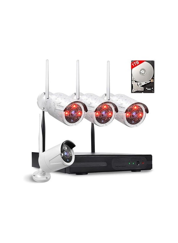 Smart Wireless System with NVR and 1TB Storage – 4-Piece 1080P HD Outdoor/Indoor Units – Weather-Resistant – Wi-Fi Enabled