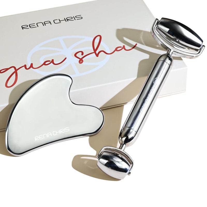 Rena Chris Gua Sha and Face Roller Set AntiBreakage Stainless Steel Roller for LongLasting Use Jawline Sculpting and Puffiness Reducing Gua Sha Facial Tools for Self Care Gift Silver