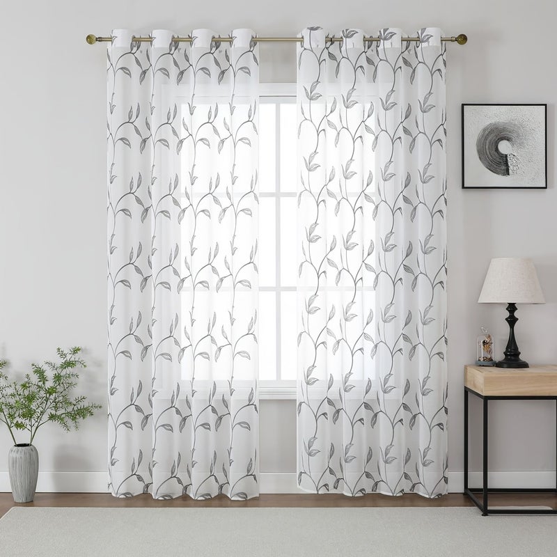 Sage Green Rattan Leaf Embroidered Curtain With Metal Ring Top 100x180cm - Image 3