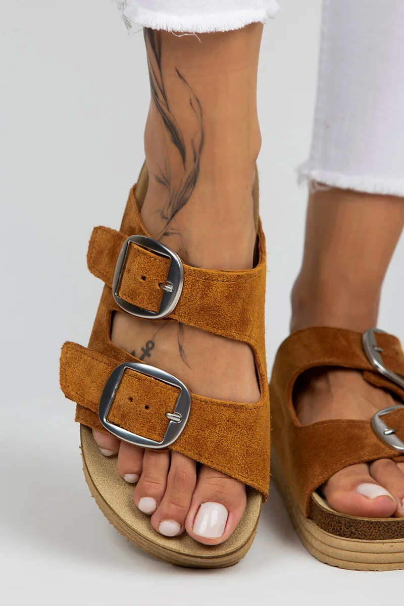 Manijero Manijero Selina Women's Genuine Leather Double Buckle Tan-Silver Slippers