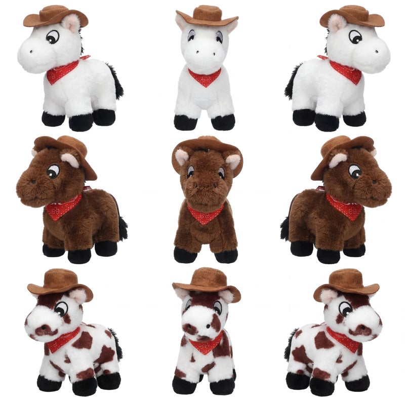 Vertintong 9 Pack Horse Stuffed Animals 4 Inch Mini Plush Toy Standing Plush Horse with Cowboy Hat and Bandana Detachable Chain for Animal Theme Birthday Party Decor SupplieSpotted Color - Image 3