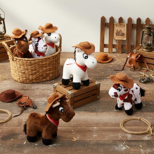 Vertintong 9 Pack Horse Stuffed Animals 4 Inch Mini Plush Toy Standing Plush Horse with Cowboy Hat and Bandana Detachable Chain for Animal Theme Birthday Party Decor SupplieSpotted Color - Image 5