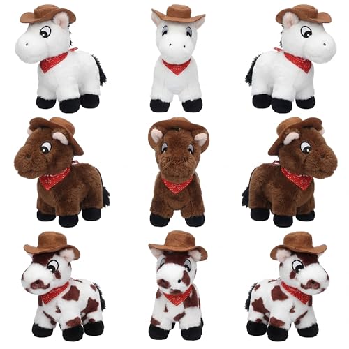 Vertintong 9 Pack Horse Stuffed Animals 4 Inch Mini Plush Toy Standing Plush Horse with Cowboy Hat and Bandana Detachable Chain for Animal Theme Birthday Party Decor SupplieSpotted Color - Image 1