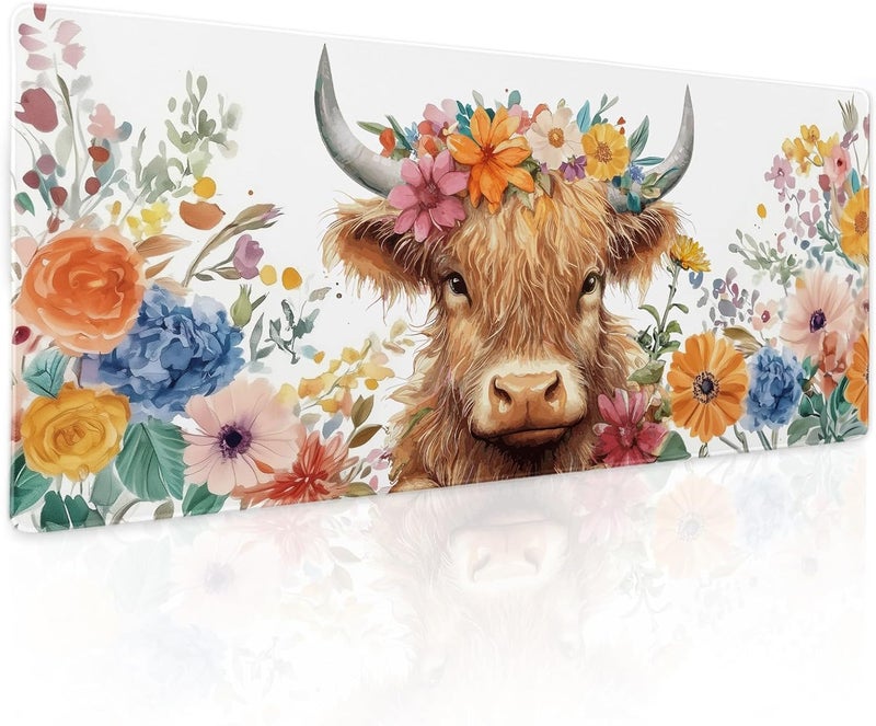 aportt Aesthetic Highland Cow Gaming Mouse Pad XL Cow Print Blue Orange Floral Extended Large Mat Mousepad Desk Pad Non-Slip Rubber Base Stitched Edge Flower Keyboard Pad Playmat for Computer,31.5×11.8 in - Image 1