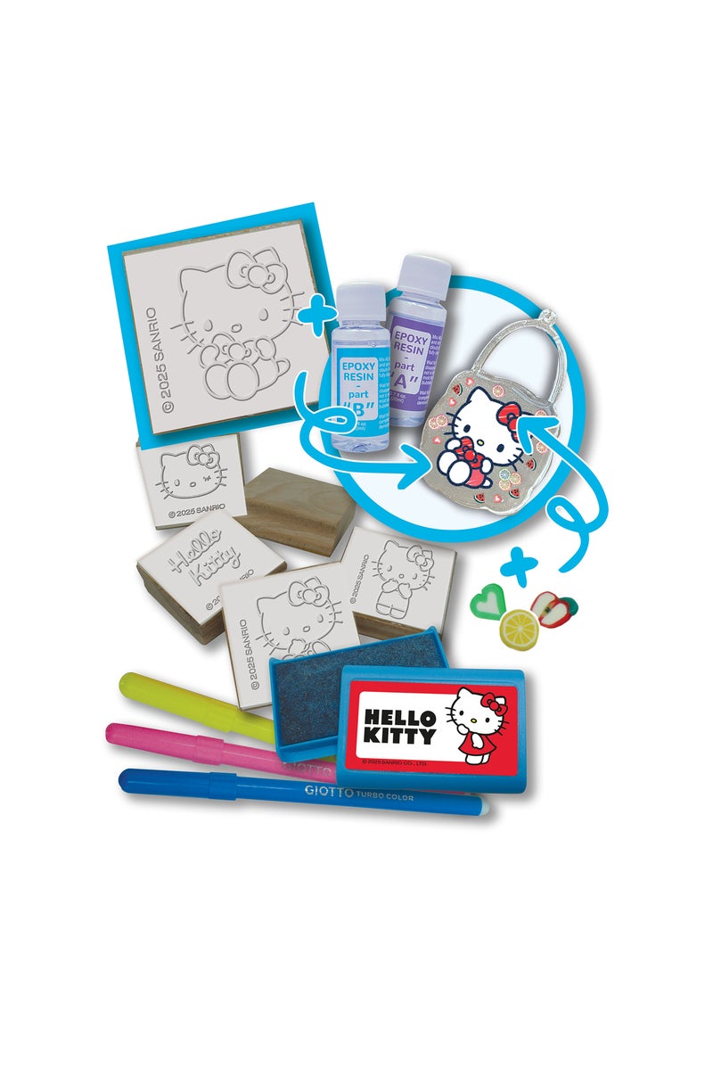 Multiprint Hello Kitty Crystal Art Kit – DIY Set with 2 Charms, Mould Tray, 8 Markers, 5 Stampers, Ink Pad, Epoxy Resin Mix, Glue & Accessories – Creative Gift for Kids - Image 3