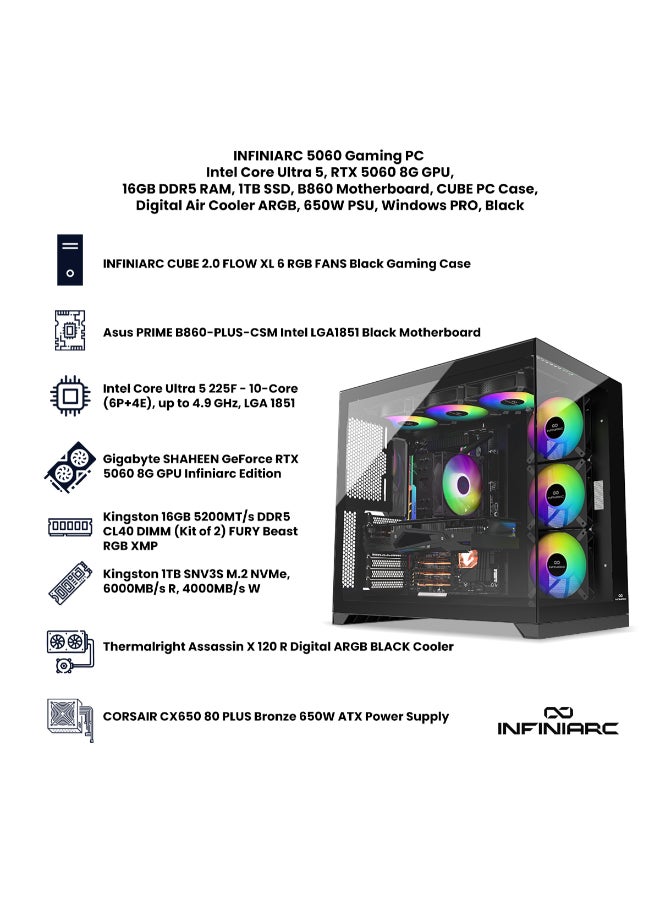 INFINIARC CUBE Gaming PC With Intel Core Ultra 5 225F Processor/16GB RAM DDR5/1TB SSD/8GB Nvidia Geforce RTX 5060 Graphics/ Black - Image 3