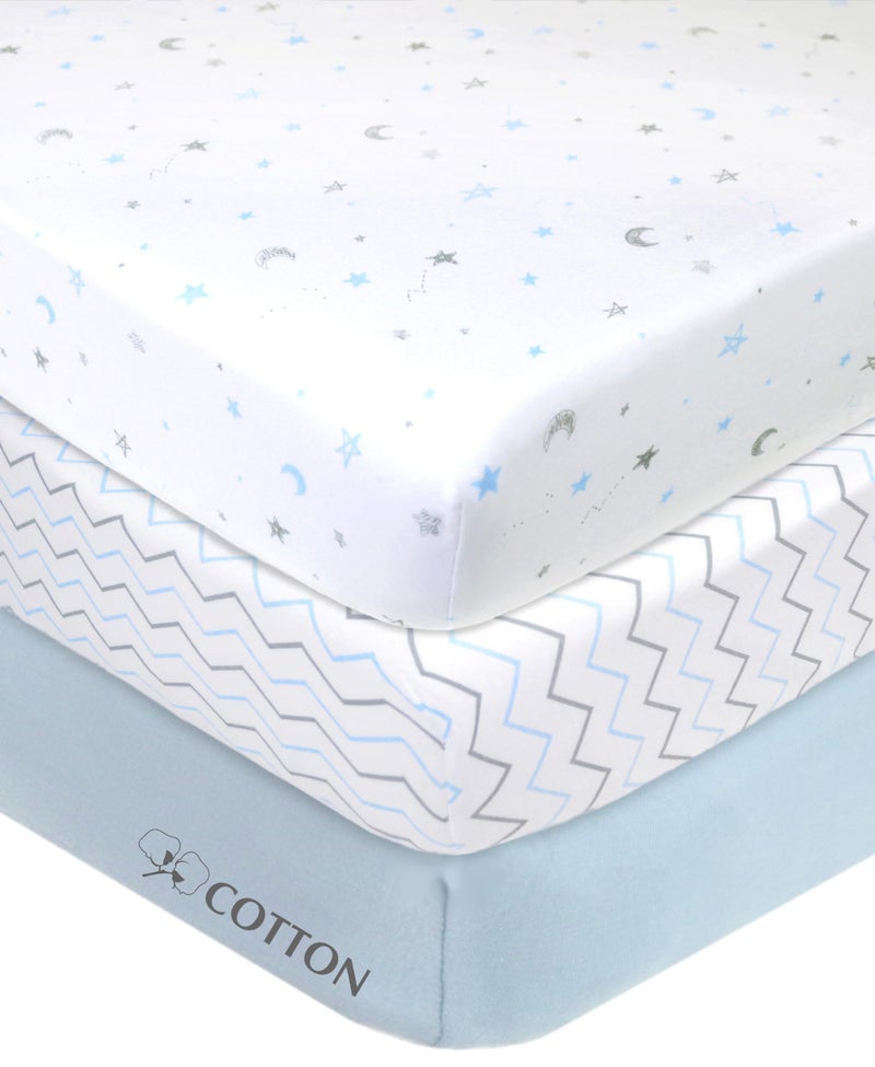 American Baby Company American Baby Company 3 Pack 100 Natural Cotton Fitted Mini Crib Sheets 38 x 24 Soft Breathable Small Nesting Portable Sheets Fits Pack N Play Mattresses Blue StarZigzag for Boys Girls 