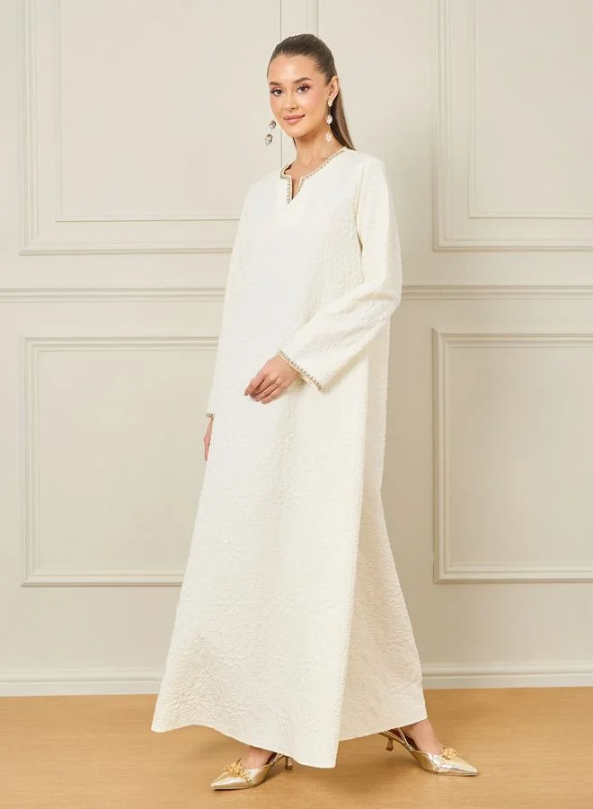 Styli Textured Jalabiya with Gold Lace Detail