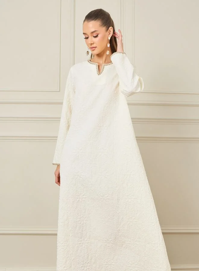 Styli Textured Jalabiya with Gold Lace Detail