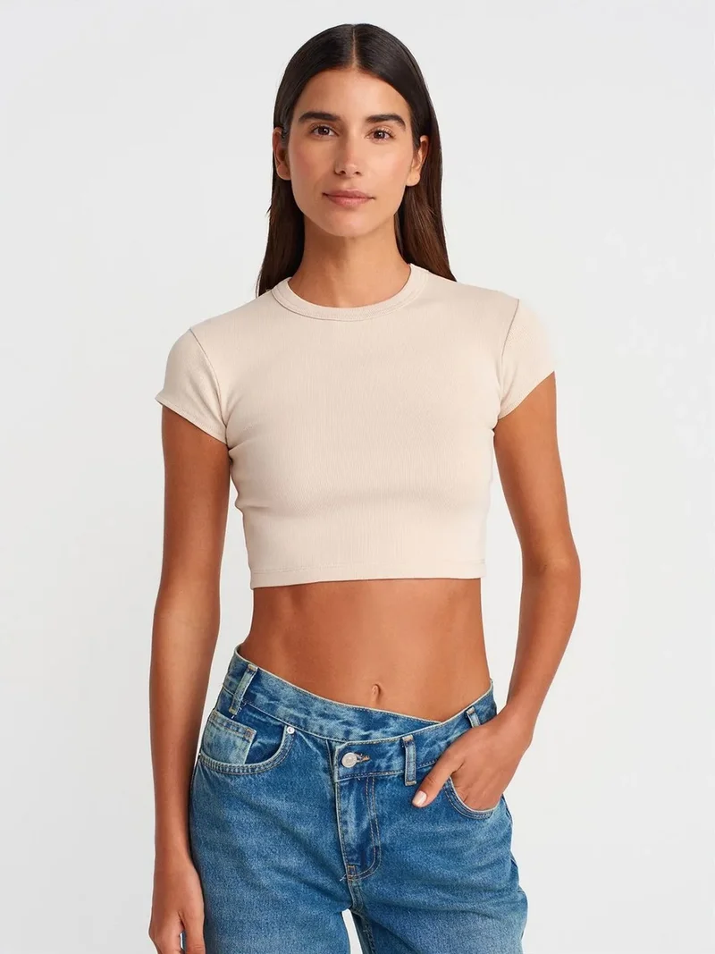 Dilvin DILVIN Women's Slim Fit Crop Crew Neck T-Shirt