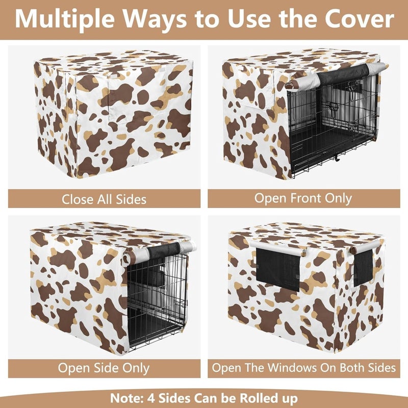Brown Cow Print Dog Crate Cover with Breathable Mesh Windproof Waterproof Heavy Duty Pet Kennel Cover, Roll-up Side Windows, 34in Dog Cage Cover Kennel Protector - Image 5