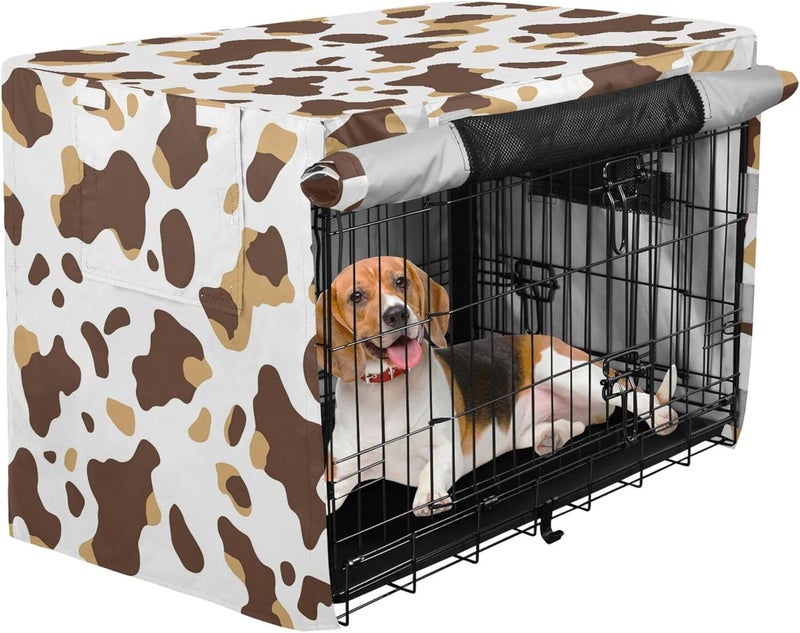Brown Cow Print Dog Crate Cover with Breathable Mesh Windproof Waterproof Heavy Duty Pet Kennel Cover, Roll-up Side Windows, 34in Dog Cage Cover Kennel Protector - Image 1