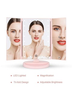 Tabletop Mount Tri-Fold Lighted Vanity Mirror with 21 LED Lights, Touch Screen and 3X/2X/1X Magnification, Two Power Supply Modes Make Up Mirror,Travel Mirror