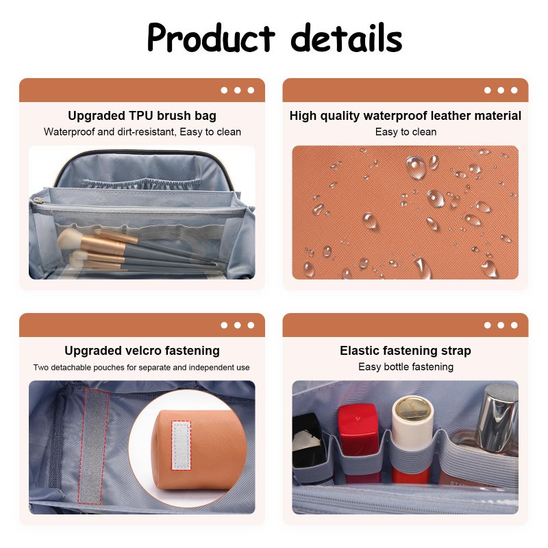 BOYATU Travel Makeup Bag Organizer Cosmetic Bag: 3 Pcs Set Make up Bags for Women with Handle - Waterproof Vegan Leather Toiletry Bags Travel Essentials Pouch with Compartments (C-02-Brown) - Image 5