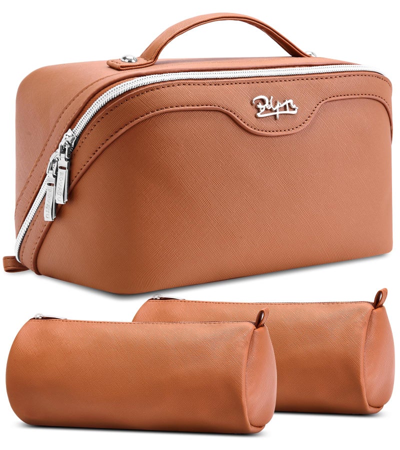 BOYATU Travel Makeup Bag Organizer Cosmetic Bag: 3 Pcs Set Make up Bags for Women with Handle - Waterproof Vegan Leather Toiletry Bags Travel Essentials Pouch with Compartments (C-02-Brown) - Image 1