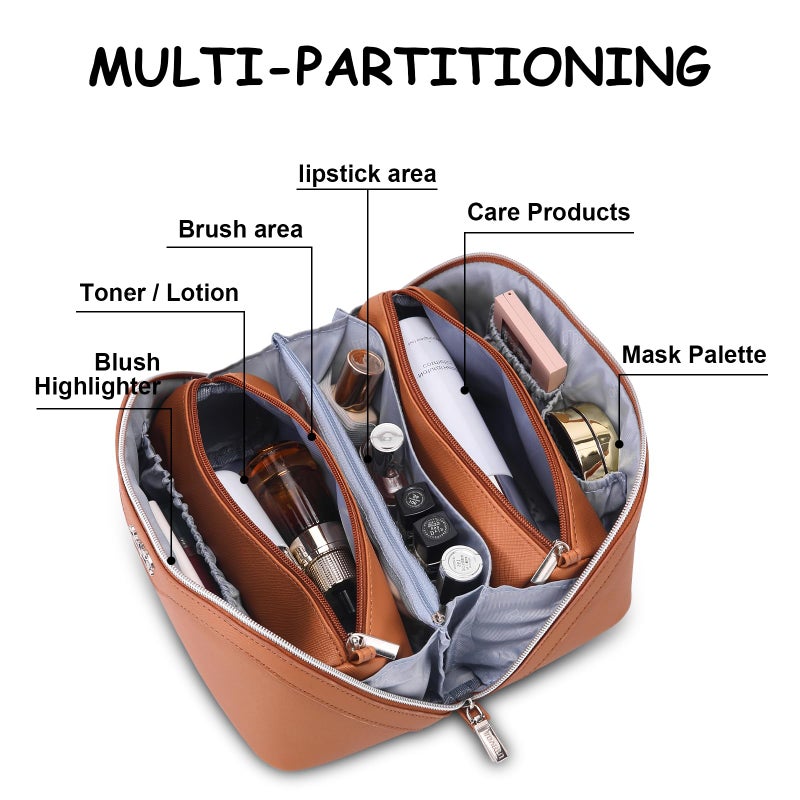 BOYATU Travel Makeup Bag Organizer Cosmetic Bag: 3 Pcs Set Make up Bags for Women with Handle - Waterproof Vegan Leather Toiletry Bags Travel Essentials Pouch with Compartments (C-02-Brown) - Image 3