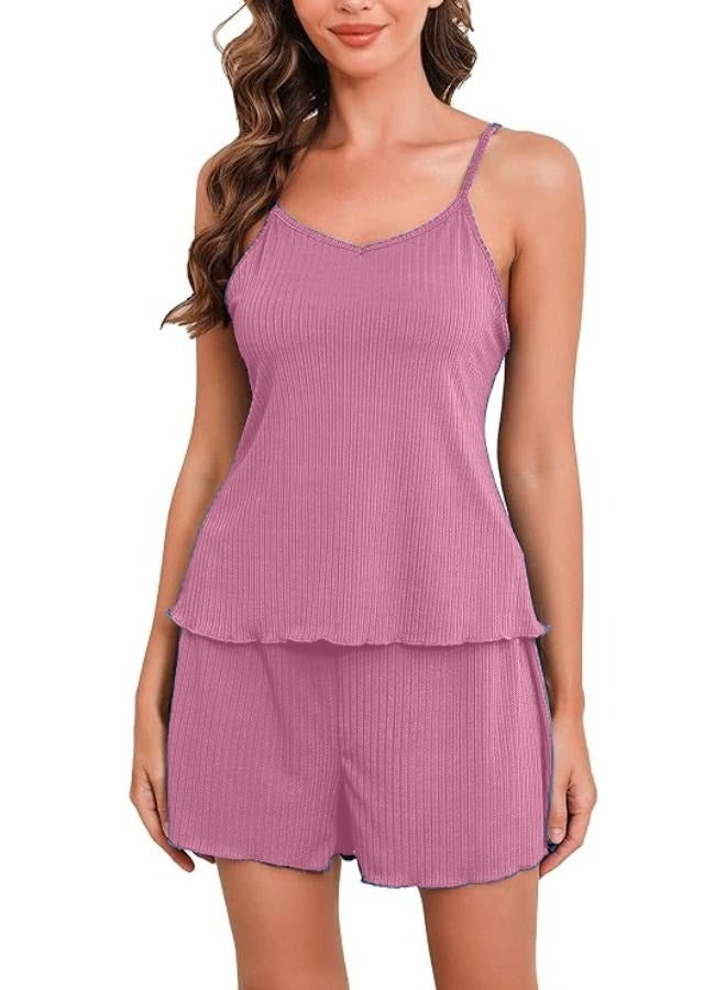 Women's Ribbed Spaghetti Straps Camisole Blouse Home Pants Loafers Set Outfit T-20 - Image 1
