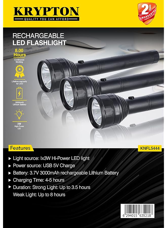 KRYPTON Rechargeable LED Flashlight USB Chargeable Torch KNFL5444 3W Hi Power LED Light Pack of 3 Flashlight Lifetime Warranty on CREE LED Ideal for Trekking Camping & More  - Image 5