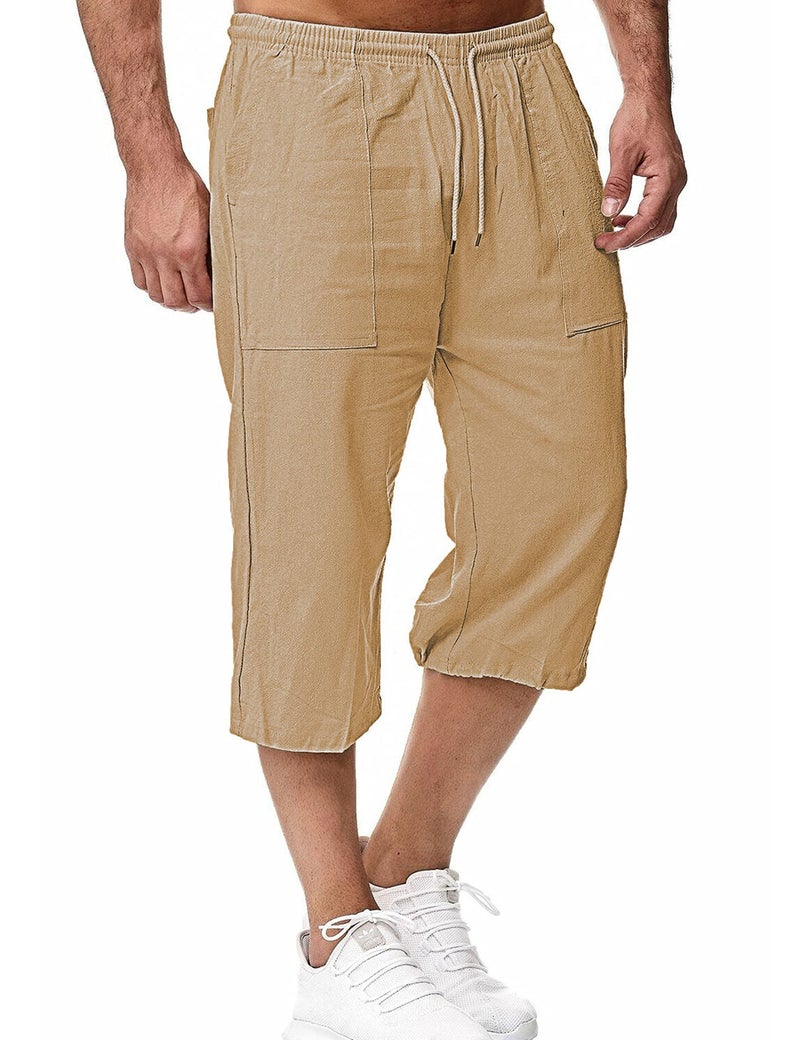 HangNiFang Men's Long Linen Shorts Below Knee Pocketed 3/4 Summer Drawstring Brown Capri Pant(0131-Brown-S) - Image 1