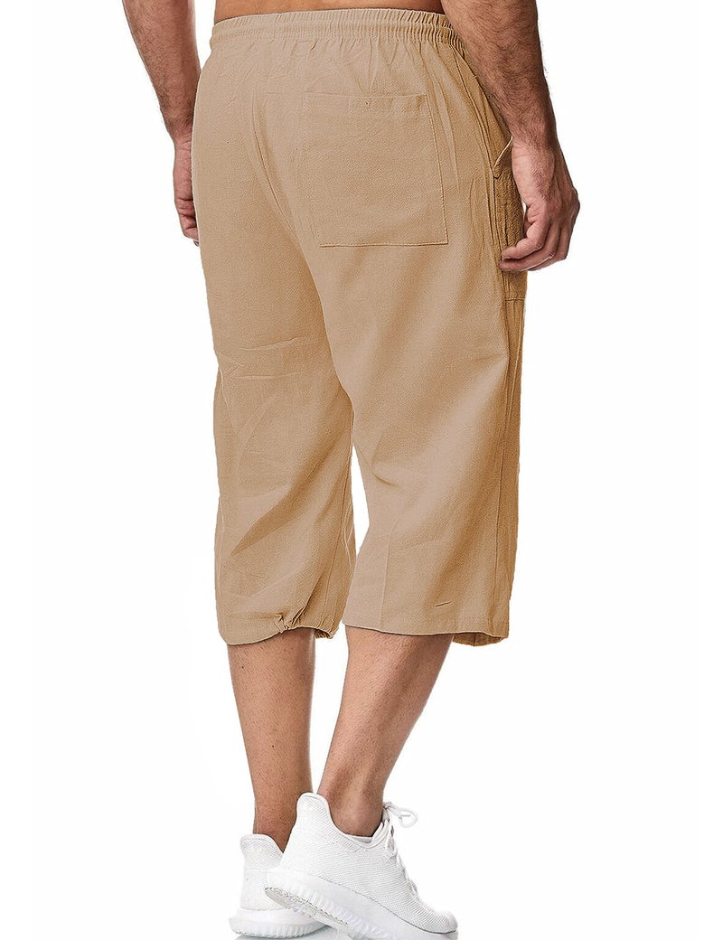 HangNiFang Men's Long Linen Shorts Below Knee Pocketed 3/4 Summer Drawstring Brown Capri Pant(0131-Brown-S) - Image 4