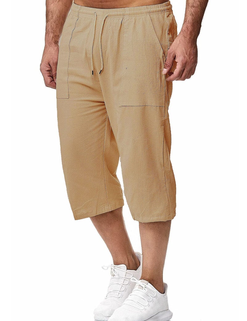 HangNiFang Men's Long Linen Shorts Below Knee Pocketed 3/4 Summer Drawstring Brown Capri Pant(0131-Brown-S) - Image 3