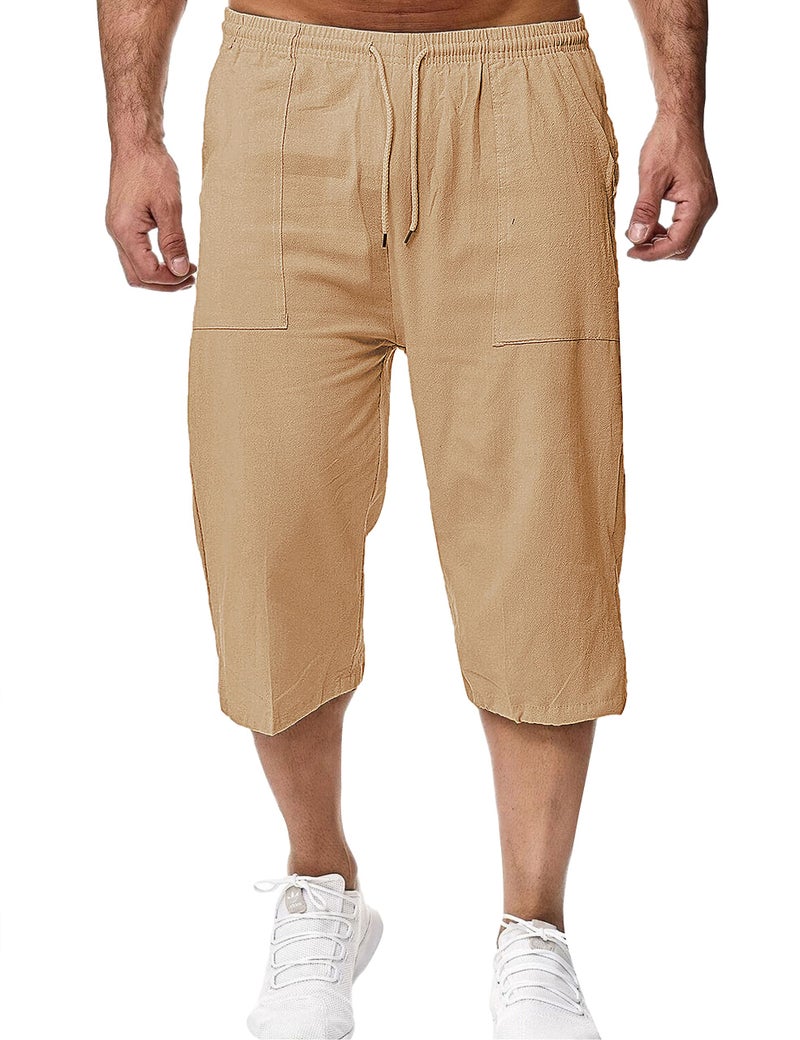 HangNiFang Men's Long Linen Shorts Below Knee Pocketed 3/4 Summer Drawstring Brown Capri Pant(0131-Brown-S) - Image 2